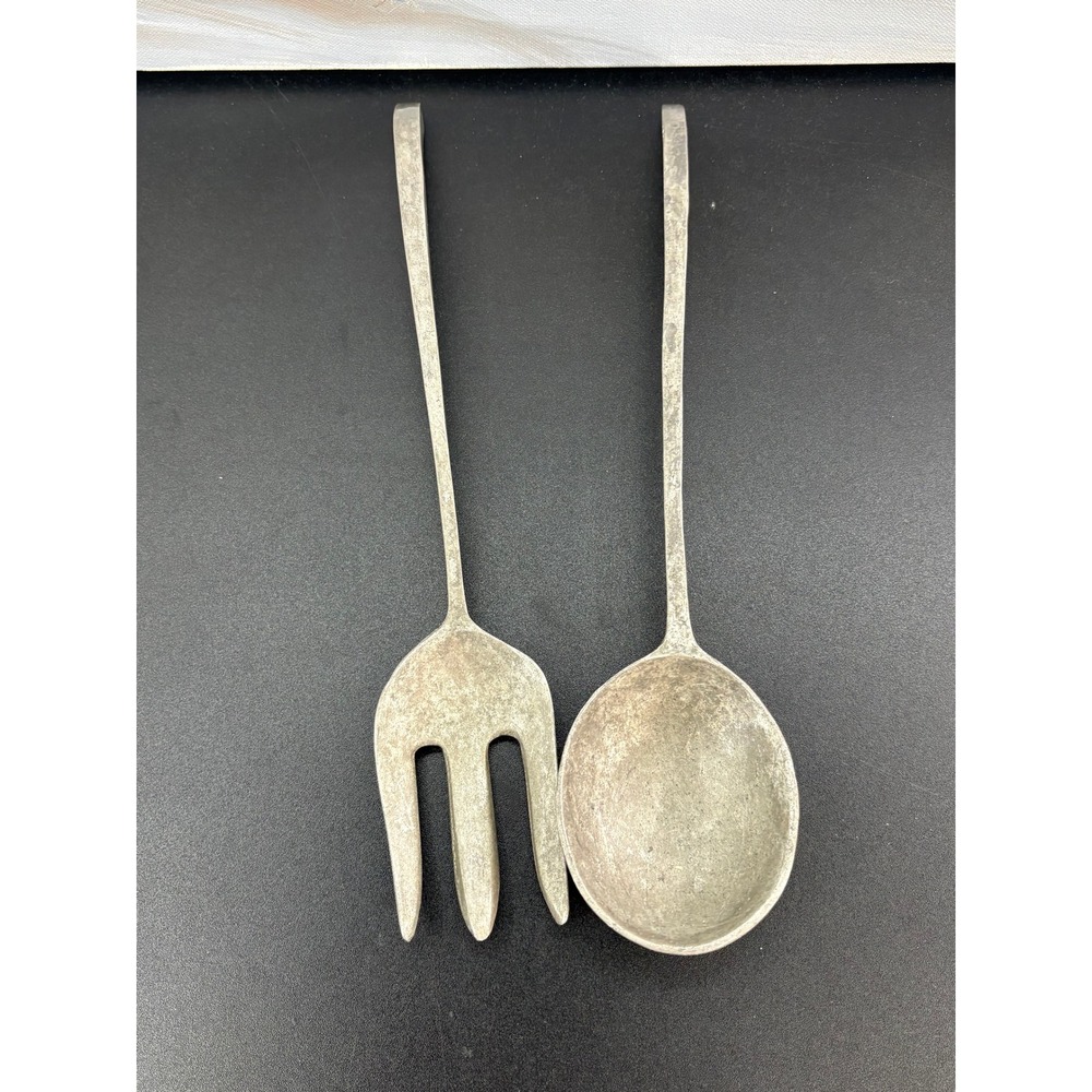Vintage Style Pewter Tone Metal Salad Servers Set Hammered Fork and Spoon 12.5in